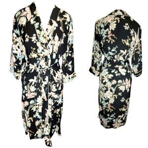 Bleuh Ciel Floral Boho Kimono Duster Jacket Black Floral Botanical US S